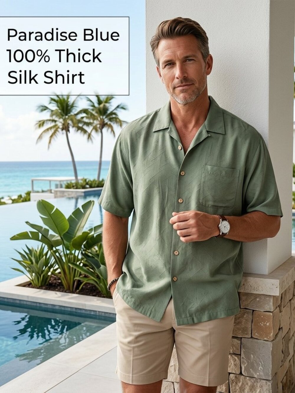 Paradise Blue 100% Thick Silk Shirt Men XXL Army Green Pocket S/S Preppy Luxury
